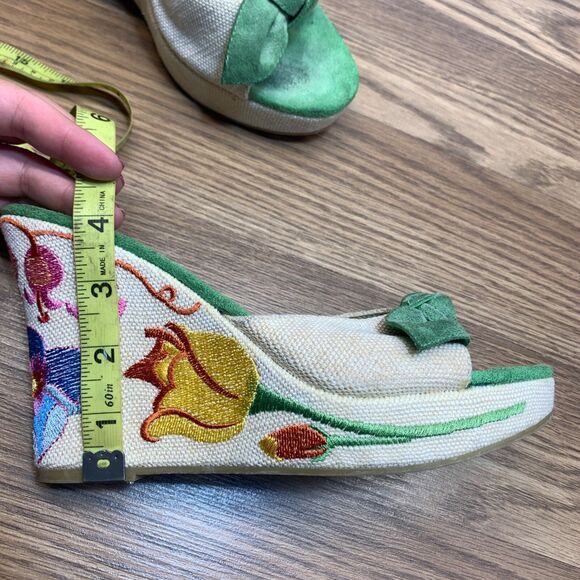 Bongo Vintage Y2K Embroidered Floral Platform 4” Wedge Sandals Size 9 Bow Front - Picture 11 of 13